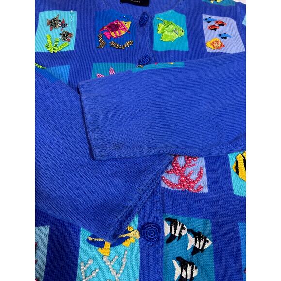VTG Michael Simon y2k Ocean Aquarium Wearable Art Cardigan Sweater 2X Blue Fish - Picture 13 of 13